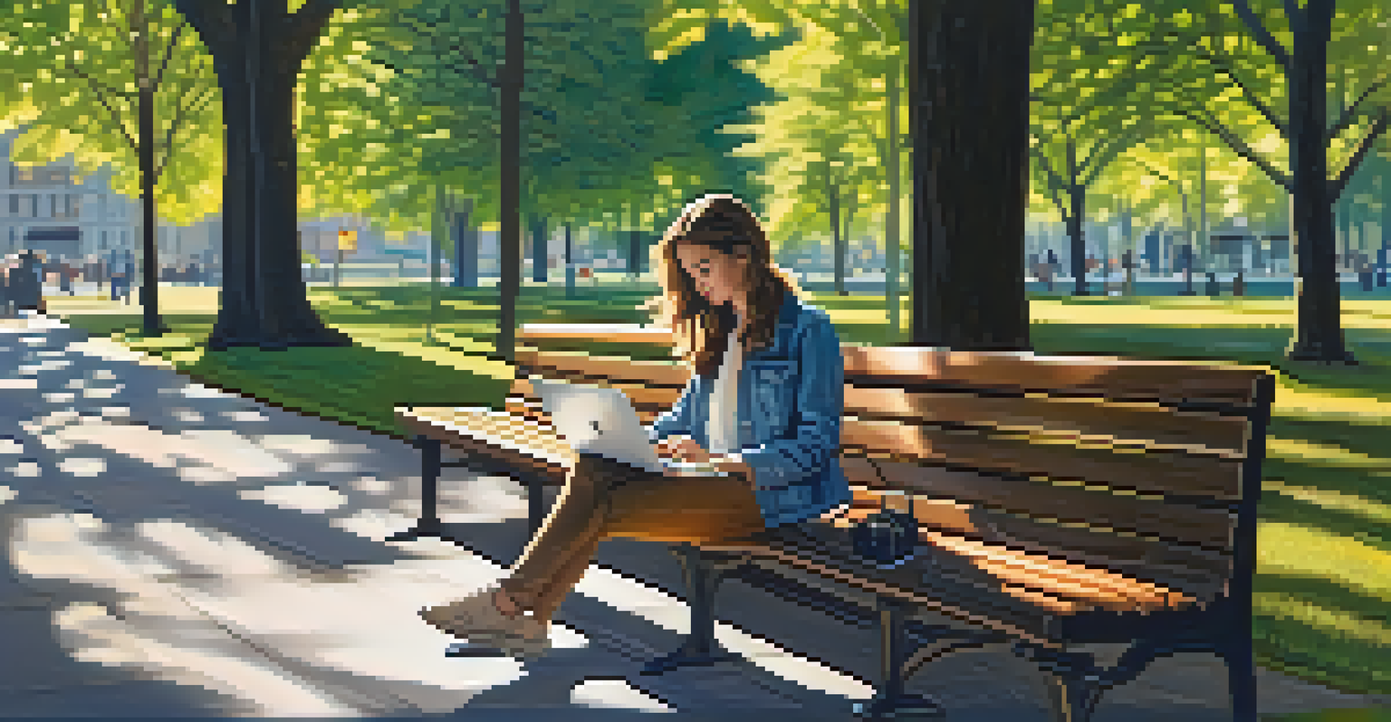 A young woman using a laptop on a park bench with a mobile hotspot device beside her, surrounded by sunlight filtering through trees.