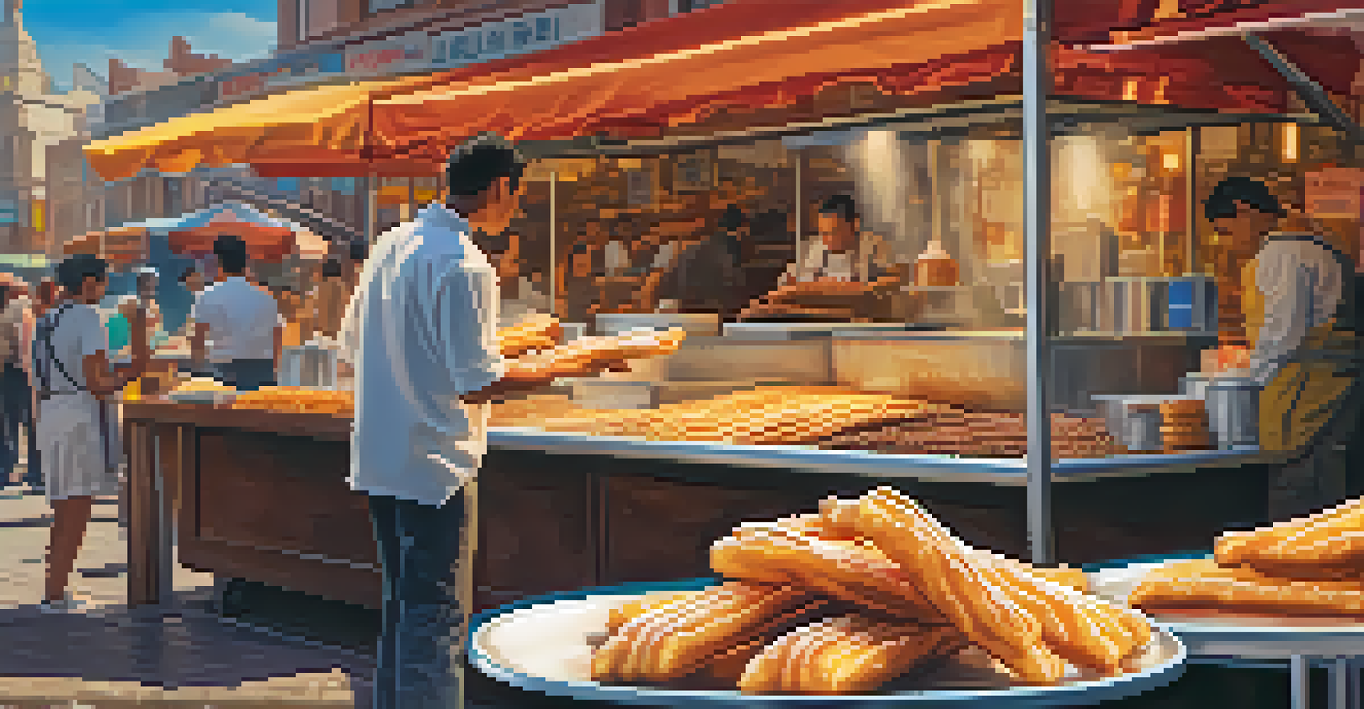Close-up of a vendor making crispy churros, with powdered sugar being added in a vibrant street food setting.
