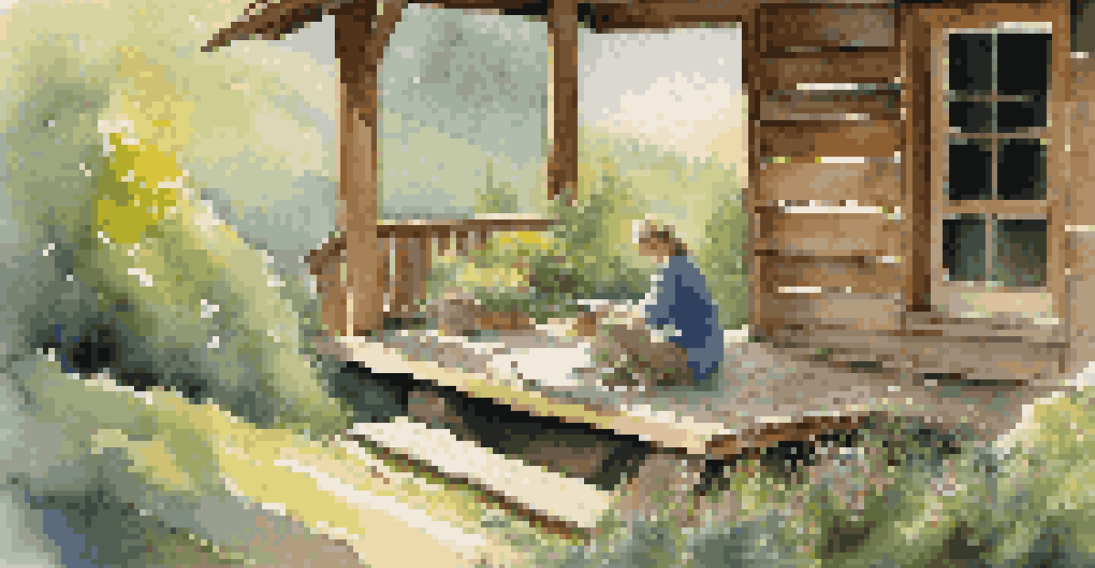 An artist sketching on a cabin porch in the mountains, surrounded by nature and sunlight.