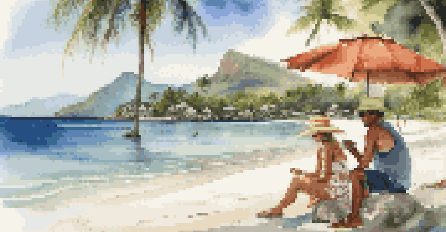 Vaccinated tourists enjoying a private beach tour in the Seychelles, with clear waters and palm trees in a sunny setting.