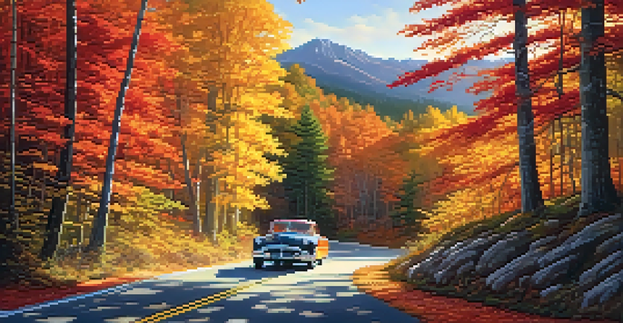 A winding road in an autumn forest with colorful leaves and a vintage car.
