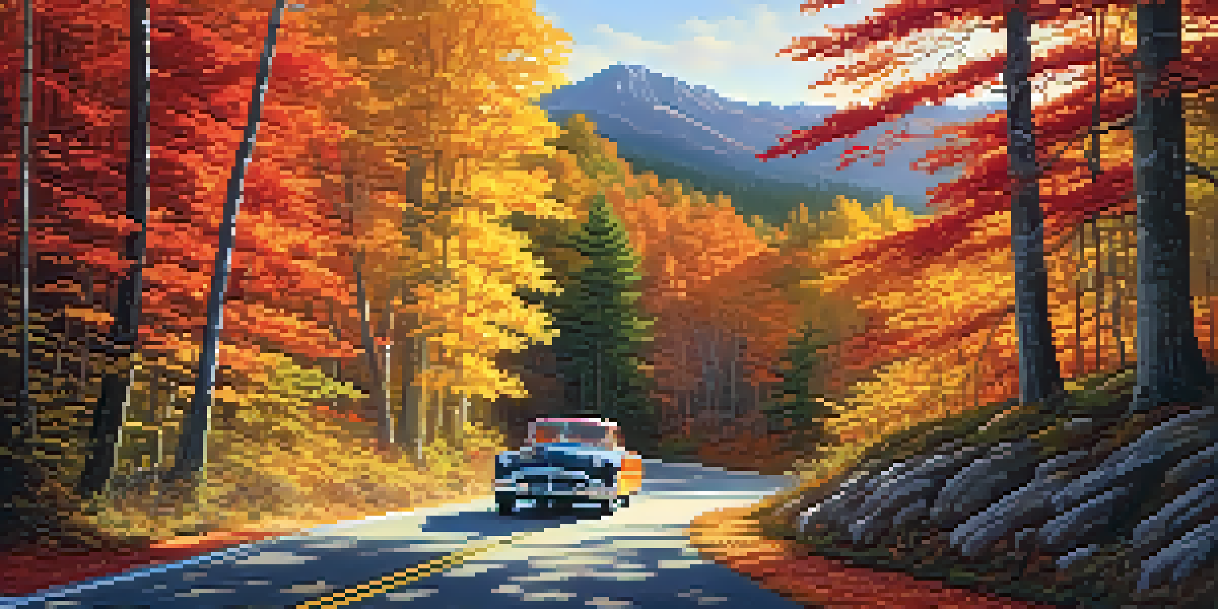 A winding road in an autumn forest with colorful leaves and a vintage car.