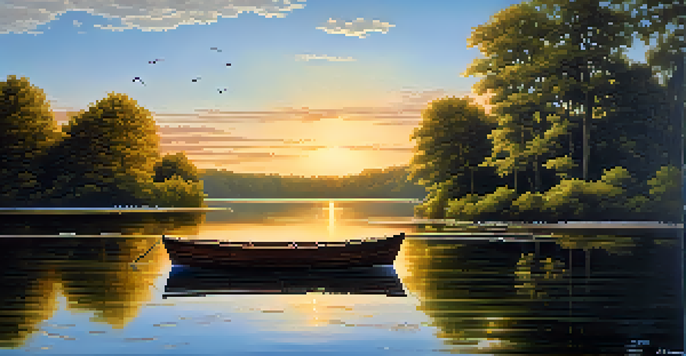 A peaceful lake scene with green trees and a wooden boat at sunset.