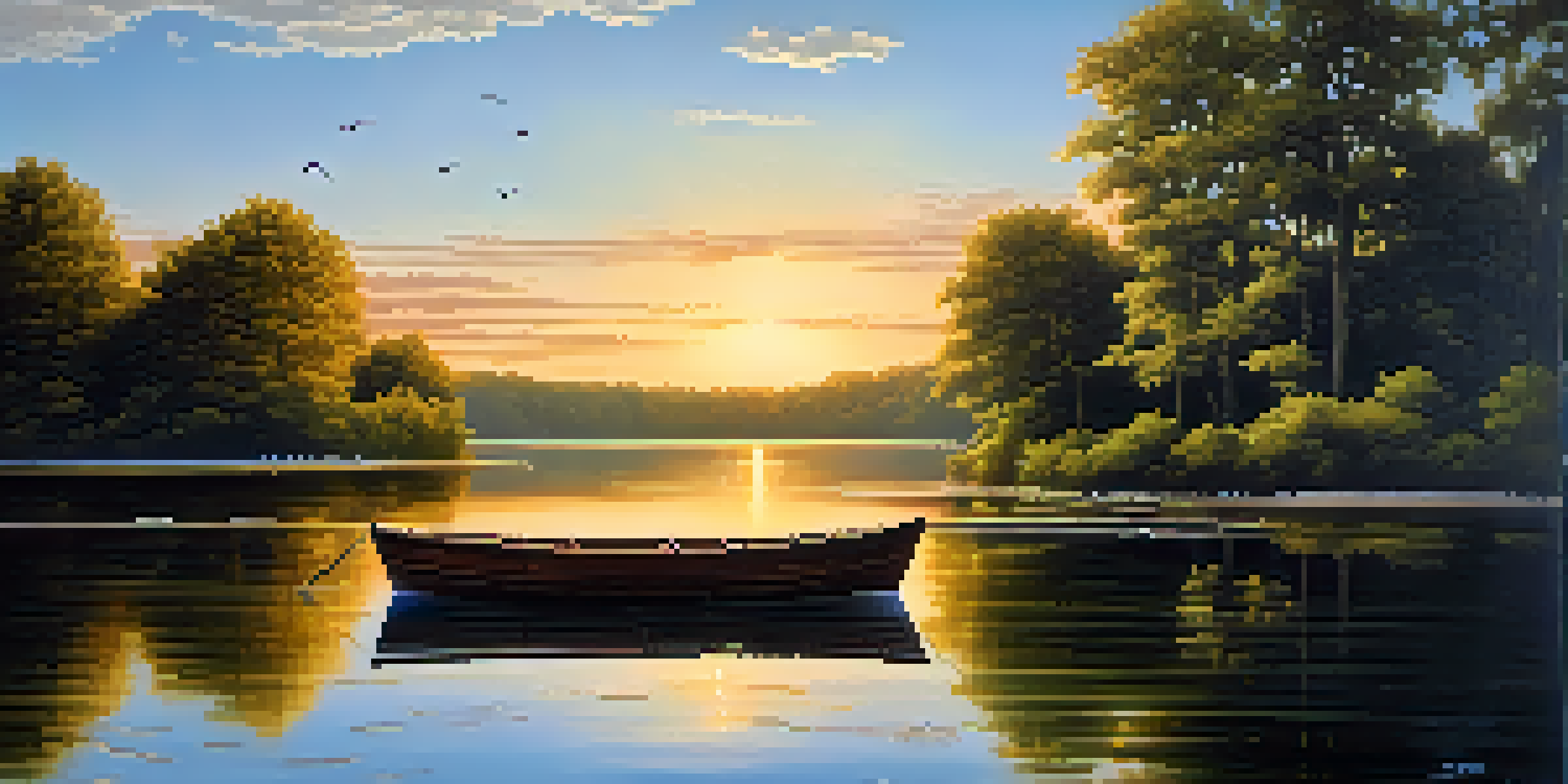 A peaceful lake scene with green trees and a wooden boat at sunset.