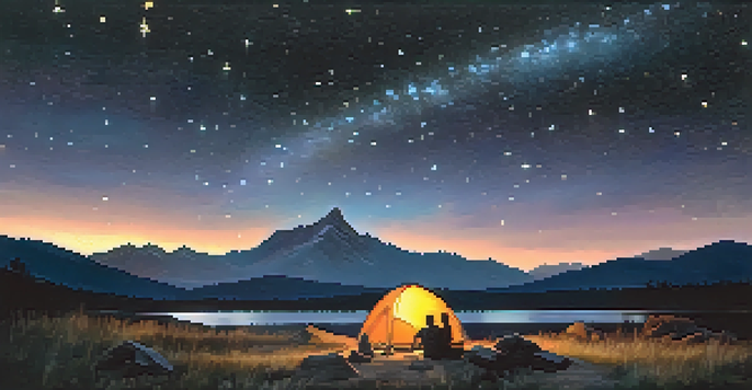 A serene night landscape with a starry sky and silhouette of mountains, featuring a warm glow from a campfire.