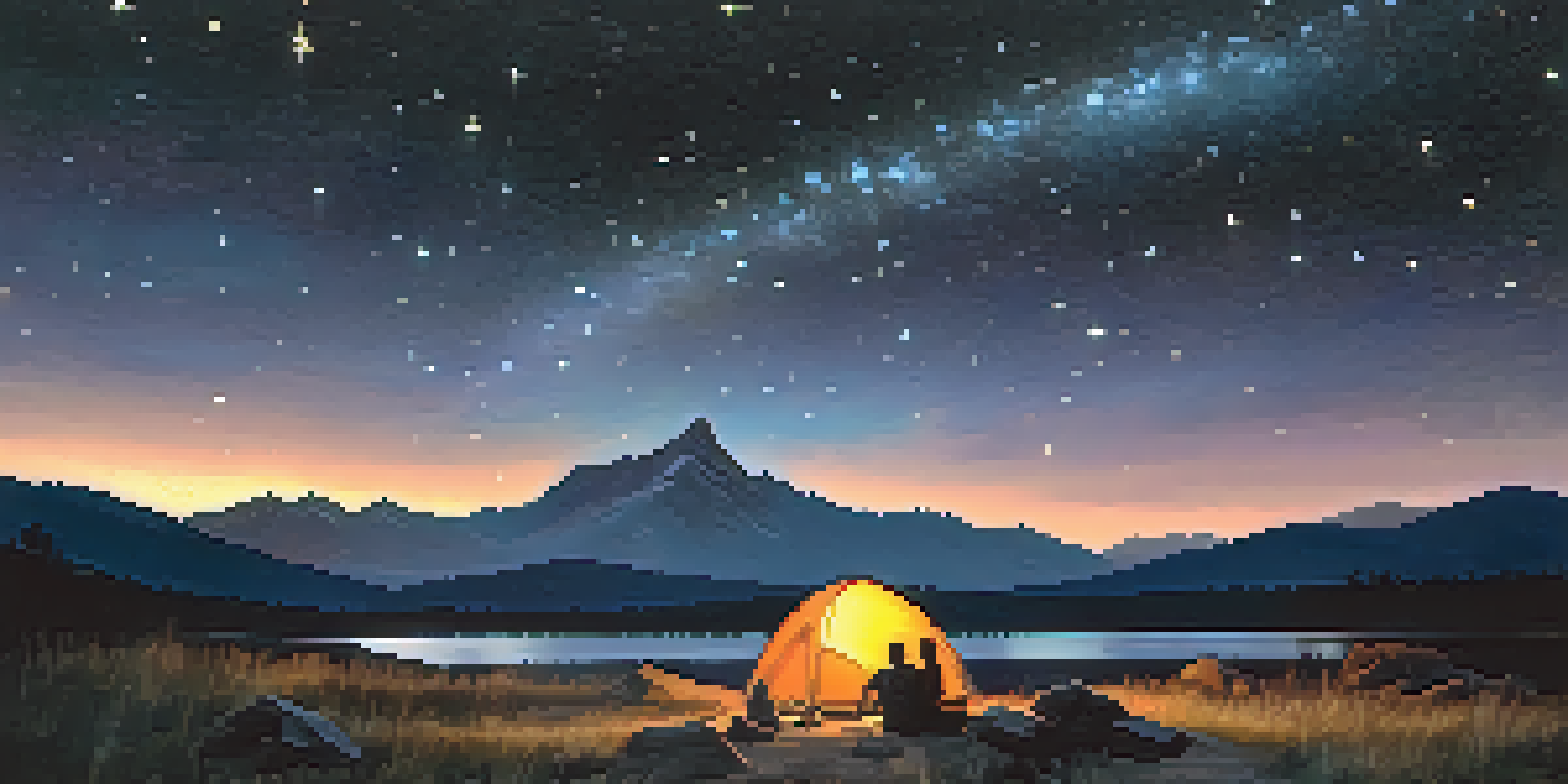 A serene night landscape with a starry sky and silhouette of mountains, featuring a warm glow from a campfire.