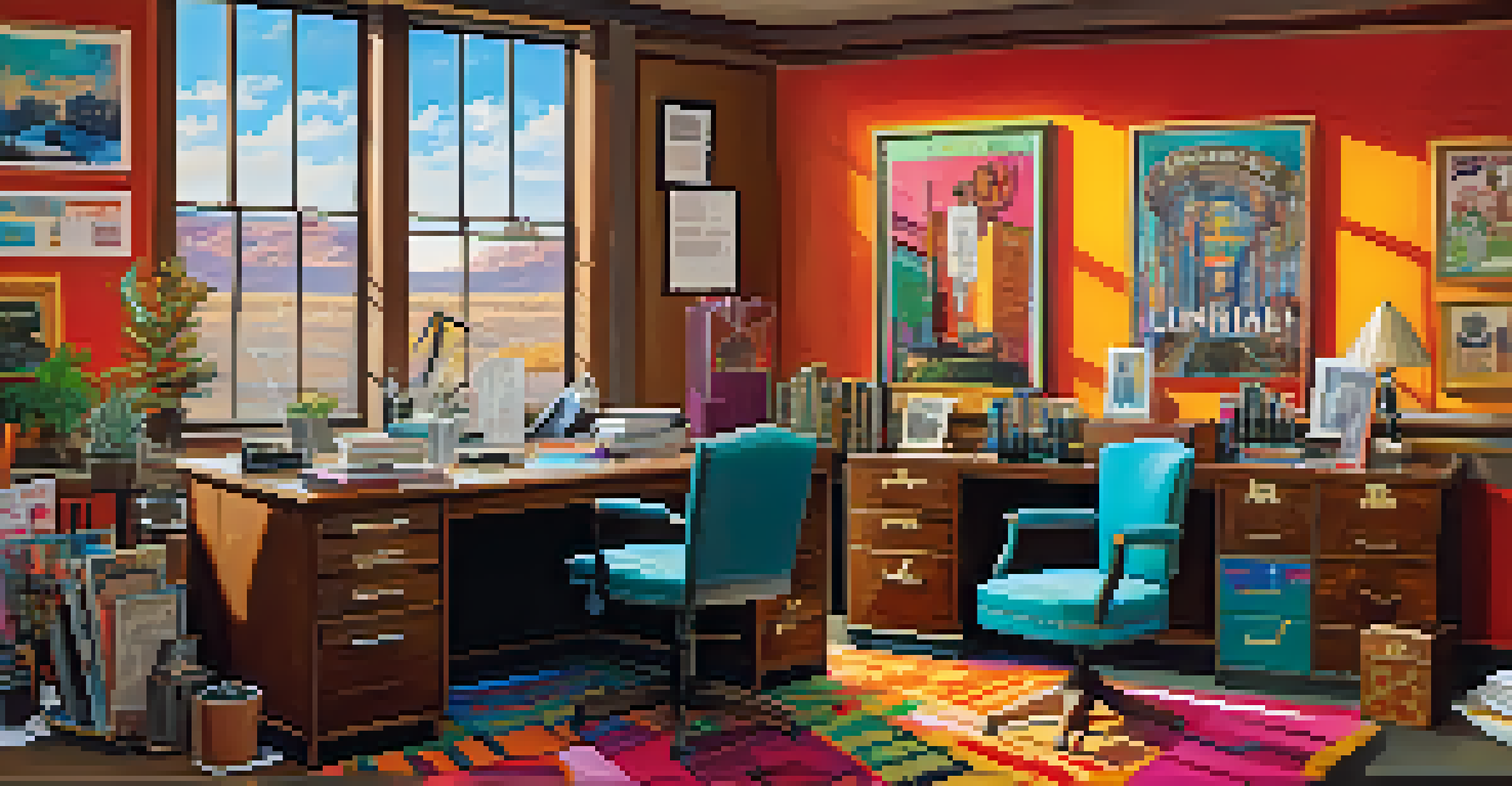 A vibrant legal office filled with quirky decorations, reflecting a blend of humor and chaos.
