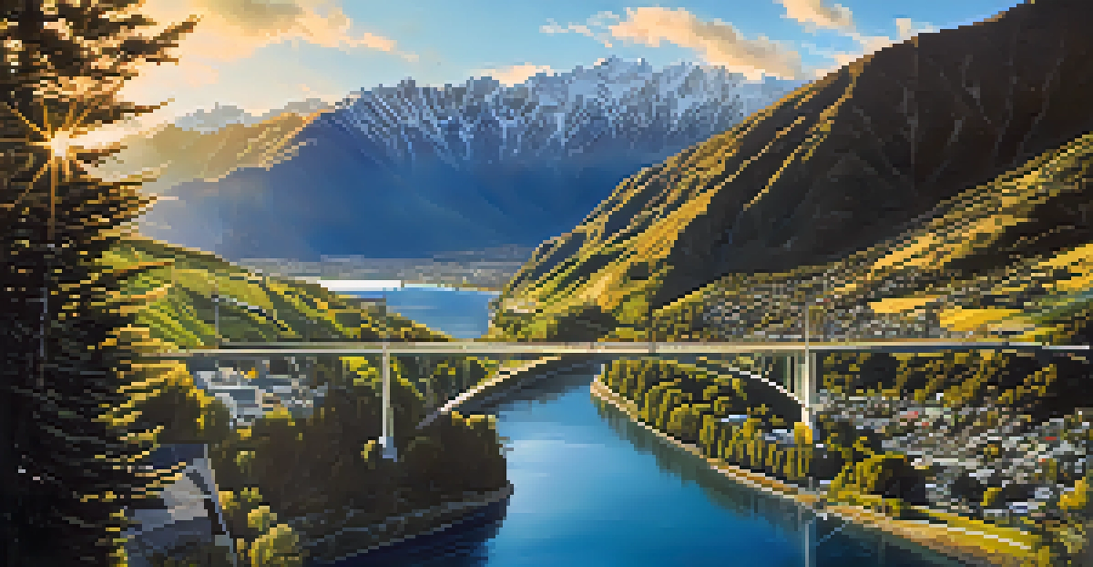 A bungee jumper leaps off a bridge in Queenstown, New Zealand with the Southern Alps in the background.