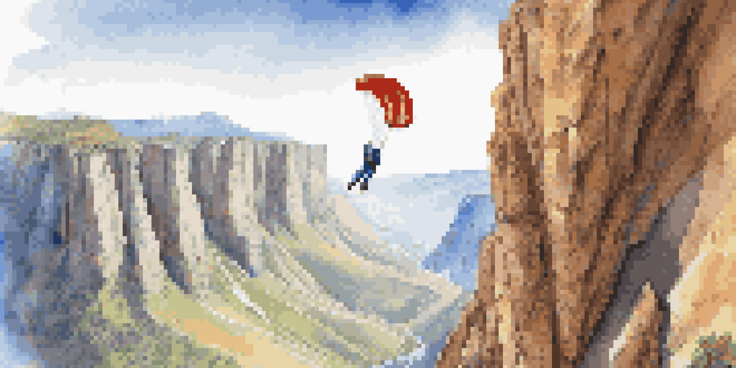 A BASE jumper is seen jumping off a cliff, with mountains and blue sky in the background, showcasing the excitement of the jump.