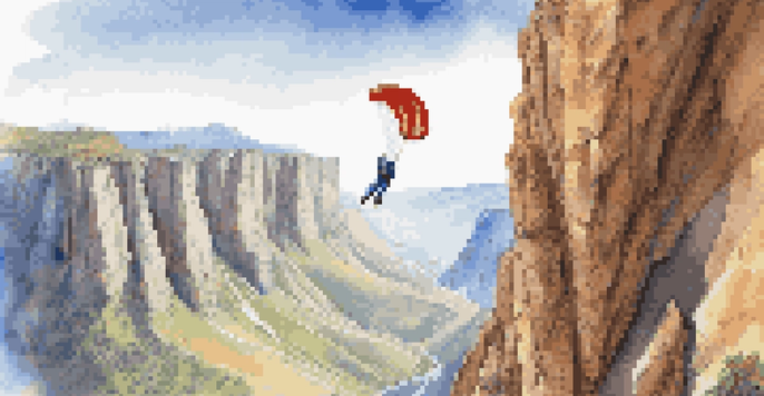 A BASE jumper is seen jumping off a cliff, with mountains and blue sky in the background, showcasing the excitement of the jump.