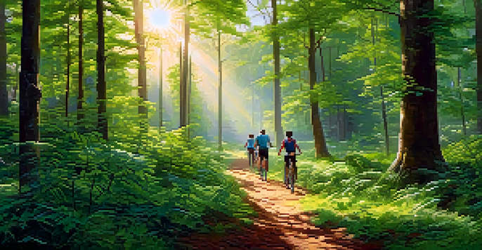 A group of travelers planting trees in a green forest, with sunlight filtering through the leaves.
