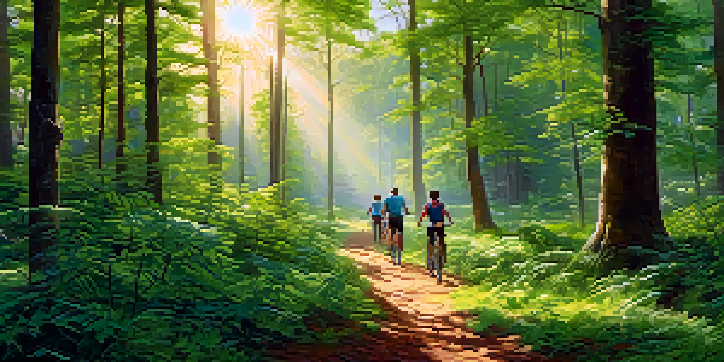 A group of travelers planting trees in a green forest, with sunlight filtering through the leaves.