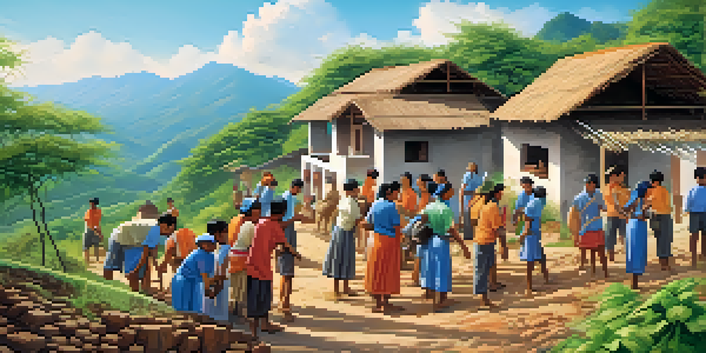 A group of diverse volunteers building a school in a remote village, surrounded by greenery and local villagers.