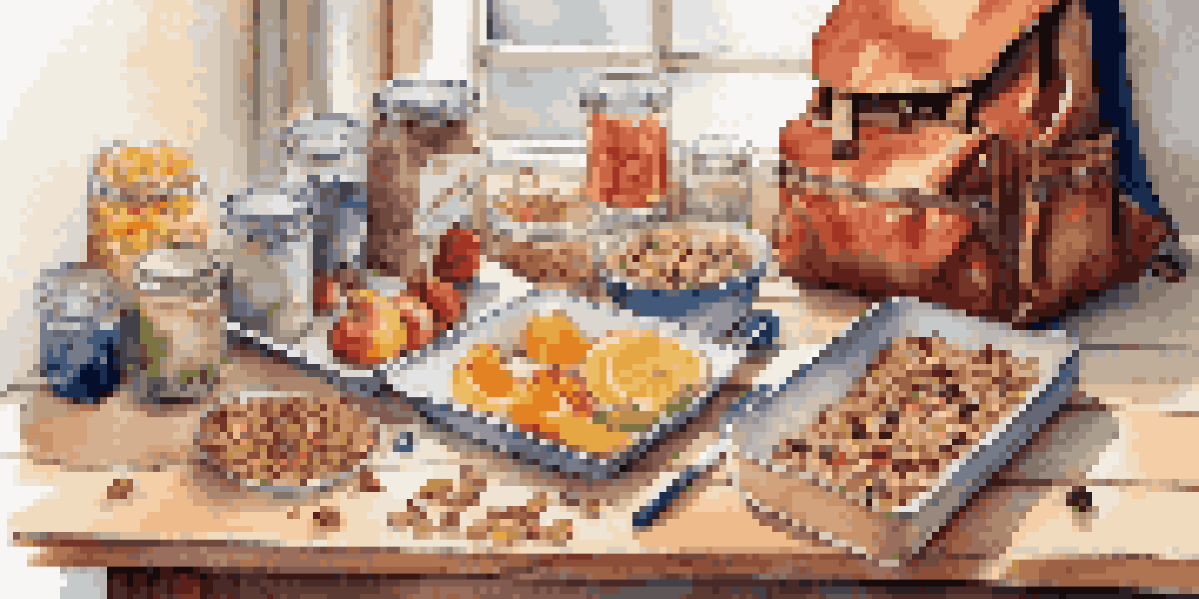A travel backpack filled with healthy snacks like granola bars, dried fruits, and nuts, set on a wooden table with soft natural light.