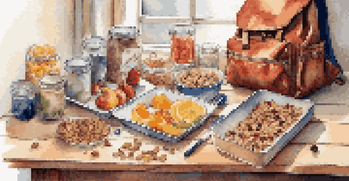 A travel backpack filled with healthy snacks like granola bars, dried fruits, and nuts, set on a wooden table with soft natural light.