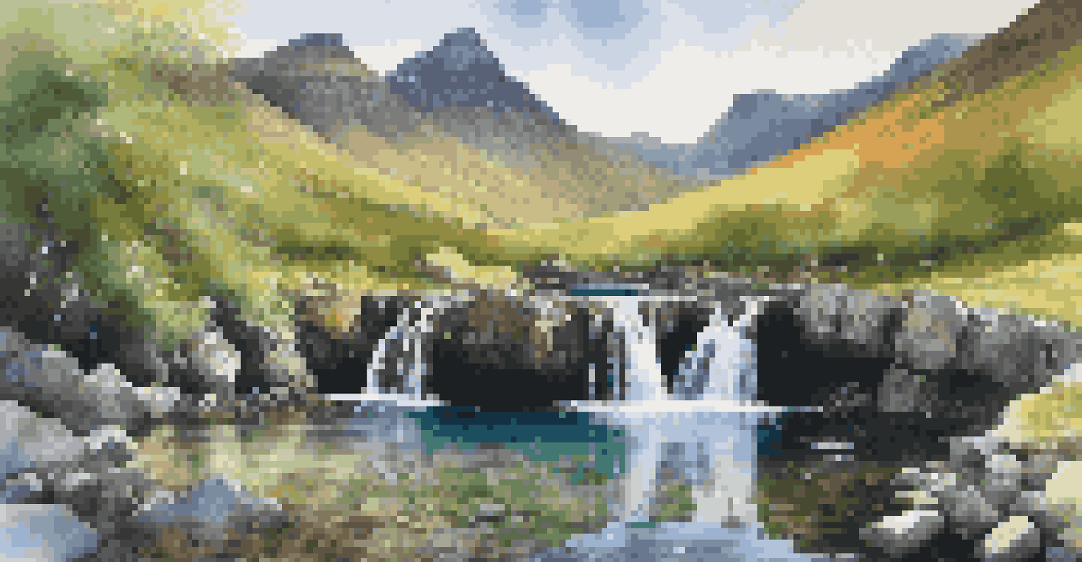 A picturesque view of the Fairy Pools on the Isle of Skye, showcasing clear waters and vibrant hills in a magical setting.