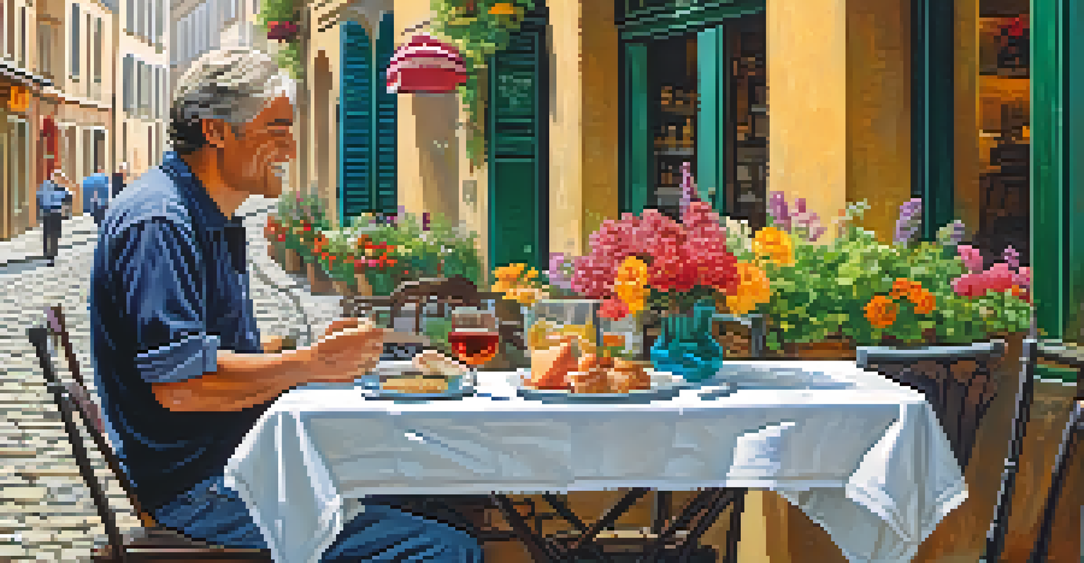 A middle-aged man dining alone at a café in a European town, with colorful food and flowers around, smiling at a local vendor.