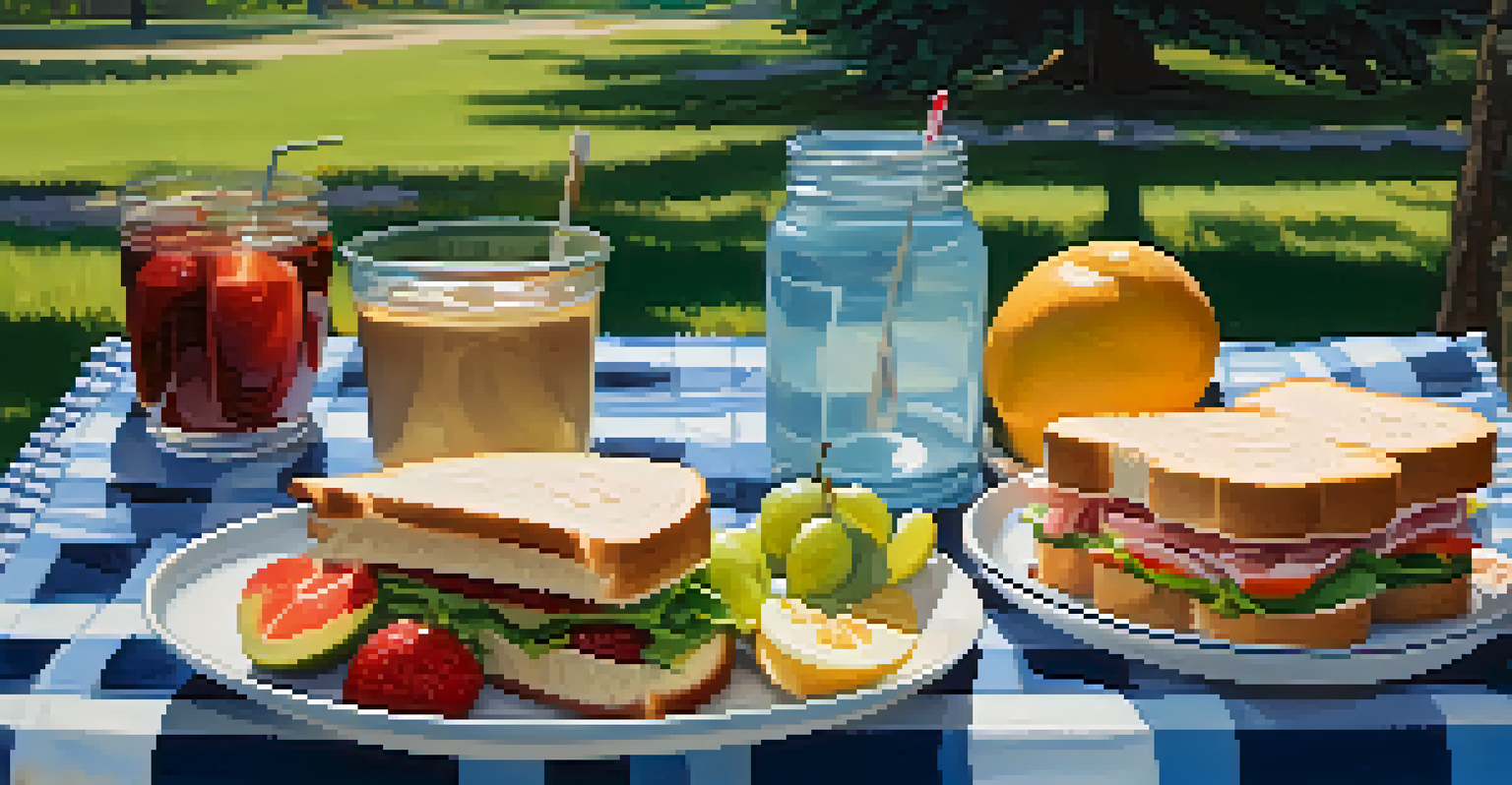 A picnic blanket with food and drinks in a park, surrounded by trees and a clear blue sky.