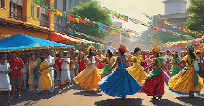 A colorful Brazilian street festival with participants in traditional costumes dancing joyfully amidst vibrant decorations and food stalls.