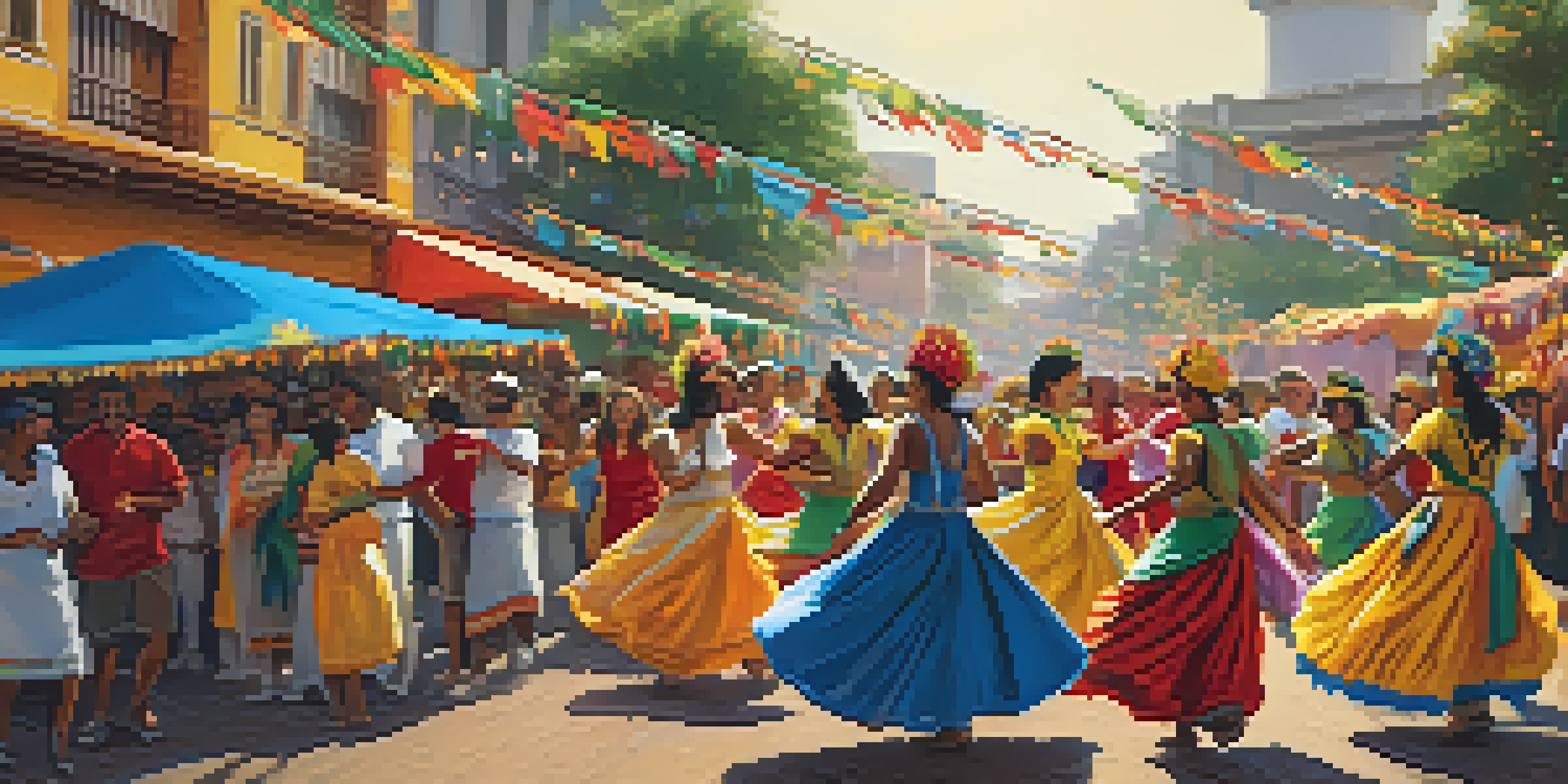 A colorful Brazilian street festival with participants in traditional costumes dancing joyfully amidst vibrant decorations and food stalls.