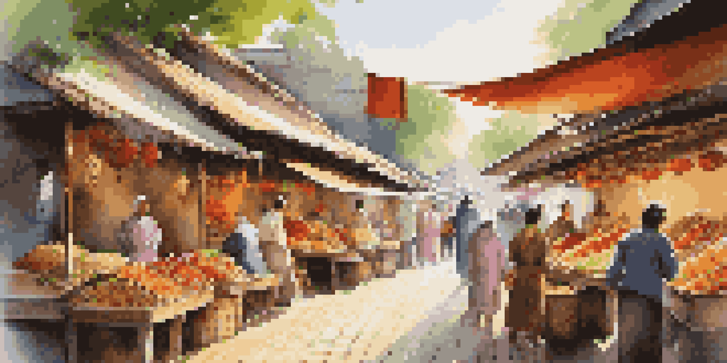 A bustling market with colorful stalls and local crafts under dappled sunlight, filled with people interacting and exploring.