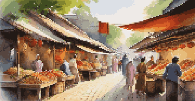 A bustling market with colorful stalls and local crafts under dappled sunlight, filled with people interacting and exploring.