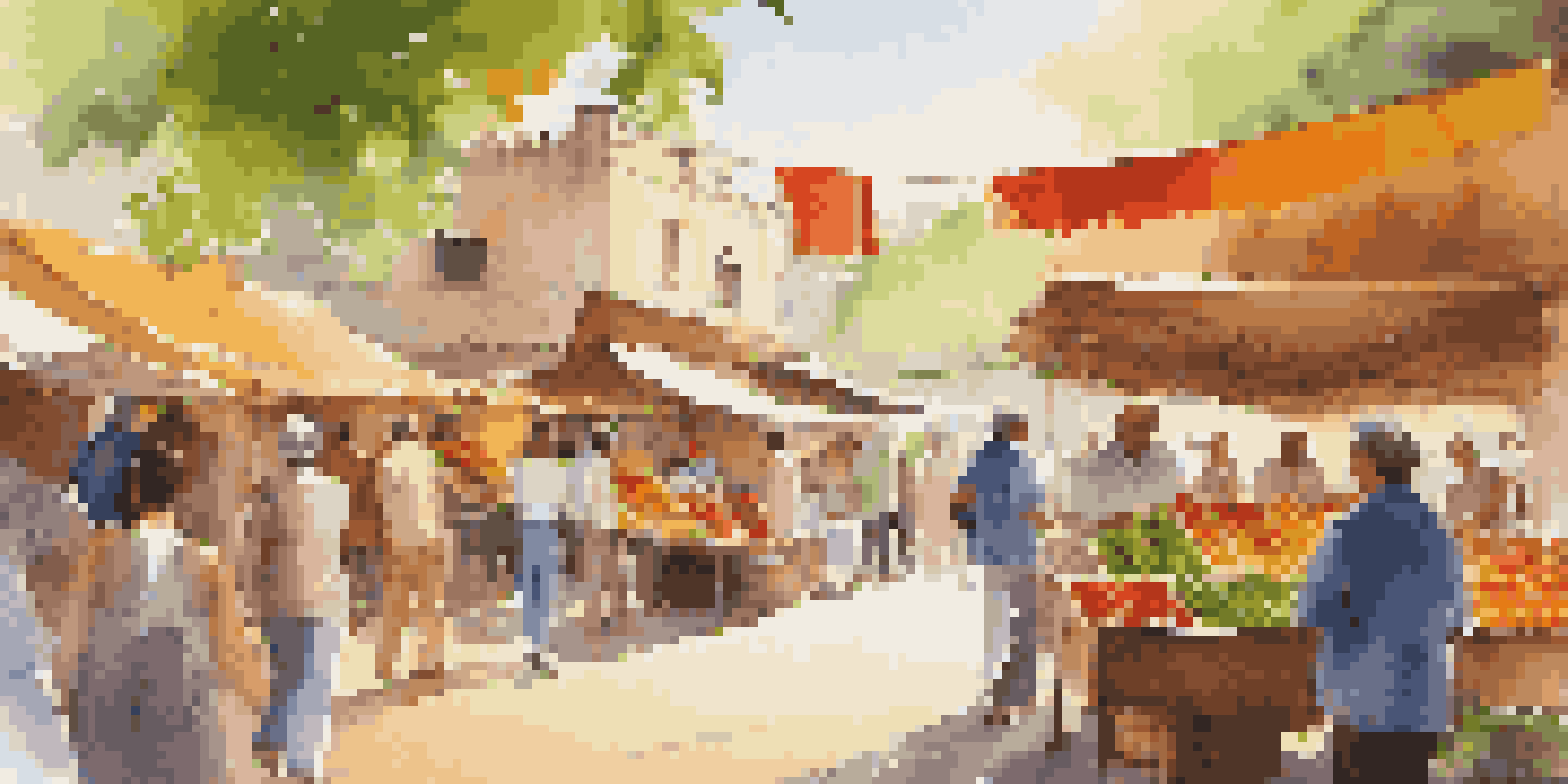 A lively market with colorful stalls, a friendly vendor engaging with a traveler, and warm sunlight creating a cheerful atmosphere.