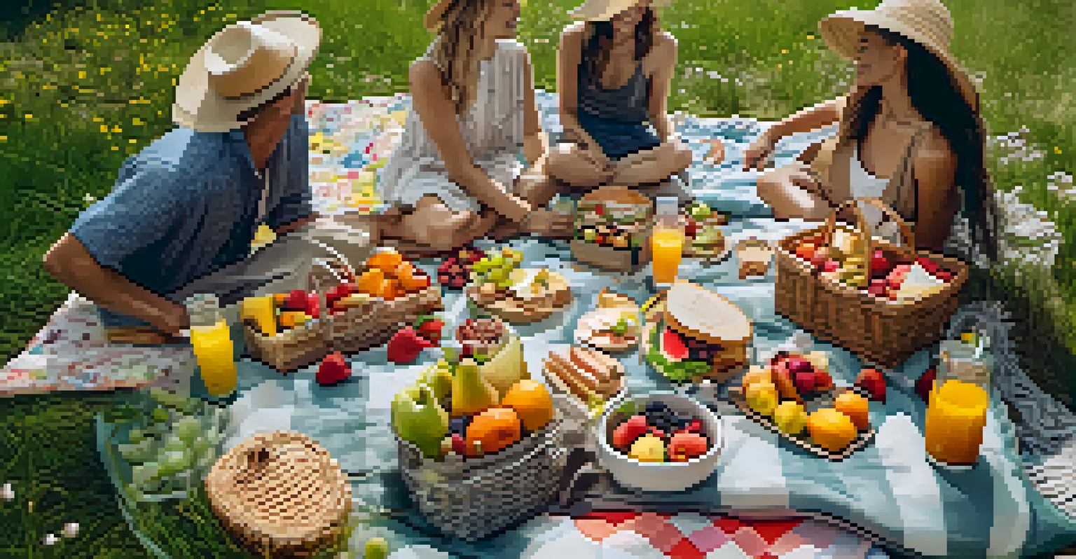 A couple enjoying a picnic on a grassy meadow with colorful food and flowers around.