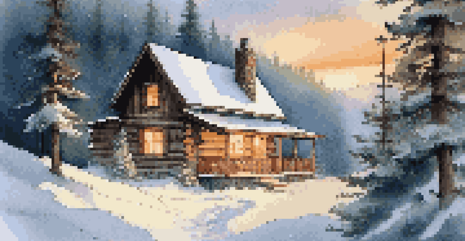 A charming cabin in the mountains surrounded by snow and pine trees.