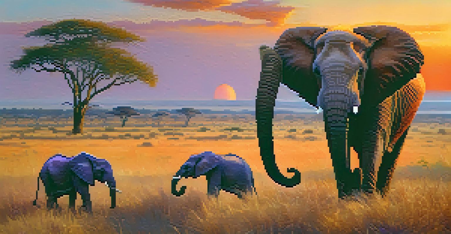 An elephant grazing in a sunset savanna, with tourists observing from a distance, highlighting responsible wildlife tourism.
