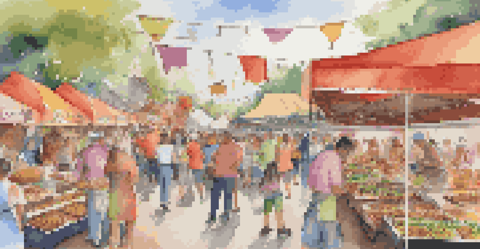 A busy food festival with families sampling dishes from colorful vendor booths, featuring cooking demonstrations and a joyful atmosphere.