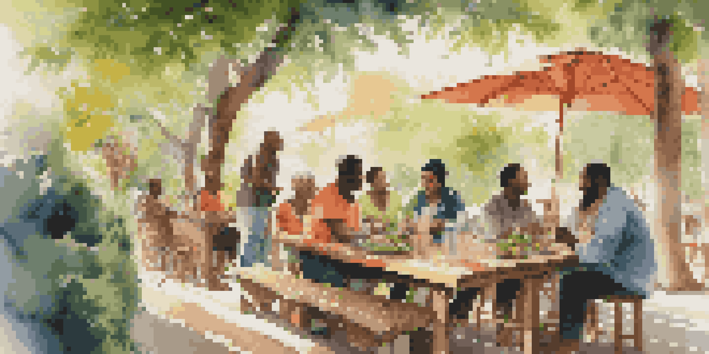 A diverse group of people enjoying a meal together at an outdoor café, surrounded by greenery and dappled sunlight.
