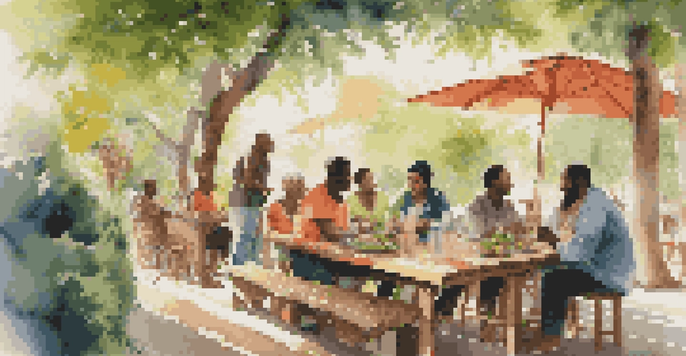 A diverse group of people enjoying a meal together at an outdoor café, surrounded by greenery and dappled sunlight.