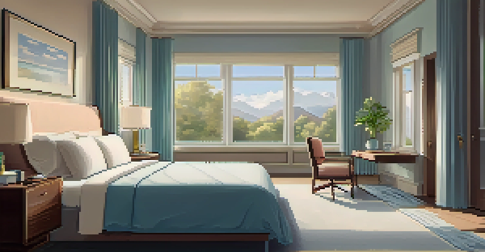 A bright and inviting hotel room with a large bed, desk, and seating area, illuminated by natural light from the windows.