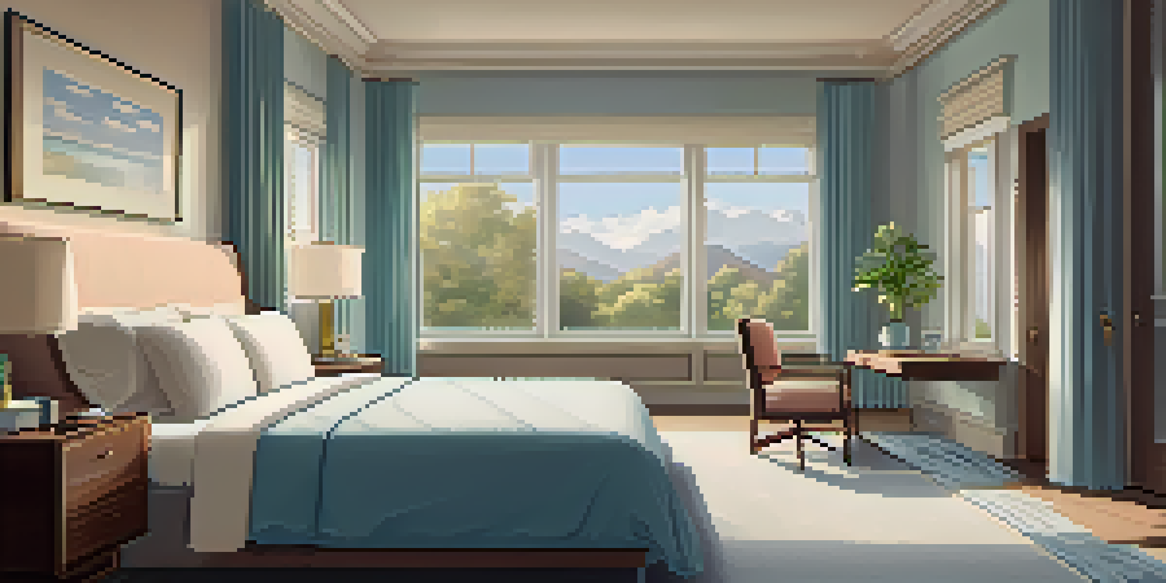 A bright and inviting hotel room with a large bed, desk, and seating area, illuminated by natural light from the windows.