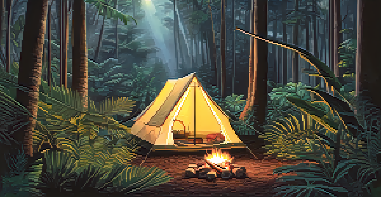 A camping site in the rainforest with a tent, mosquito net, and a glowing campfire among the trees.
