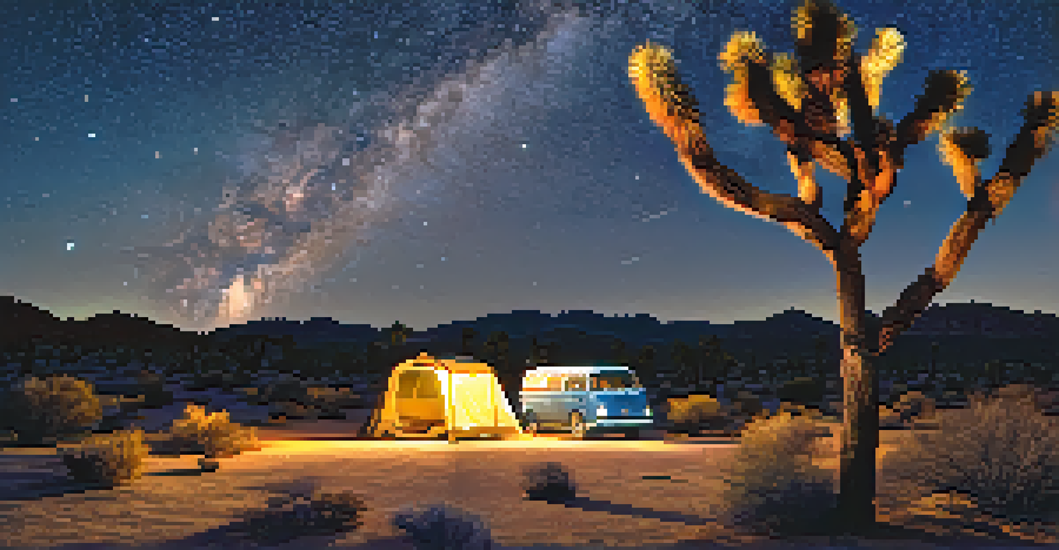 A beautiful night view of Joshua Tree National Park with a van under a starry sky and a campfire glowing.