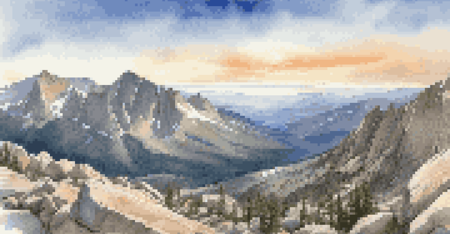 A panoramic view from the summit of Longs Peak, showcasing snow-capped mountains and lush valleys in Rocky Mountain National Park.