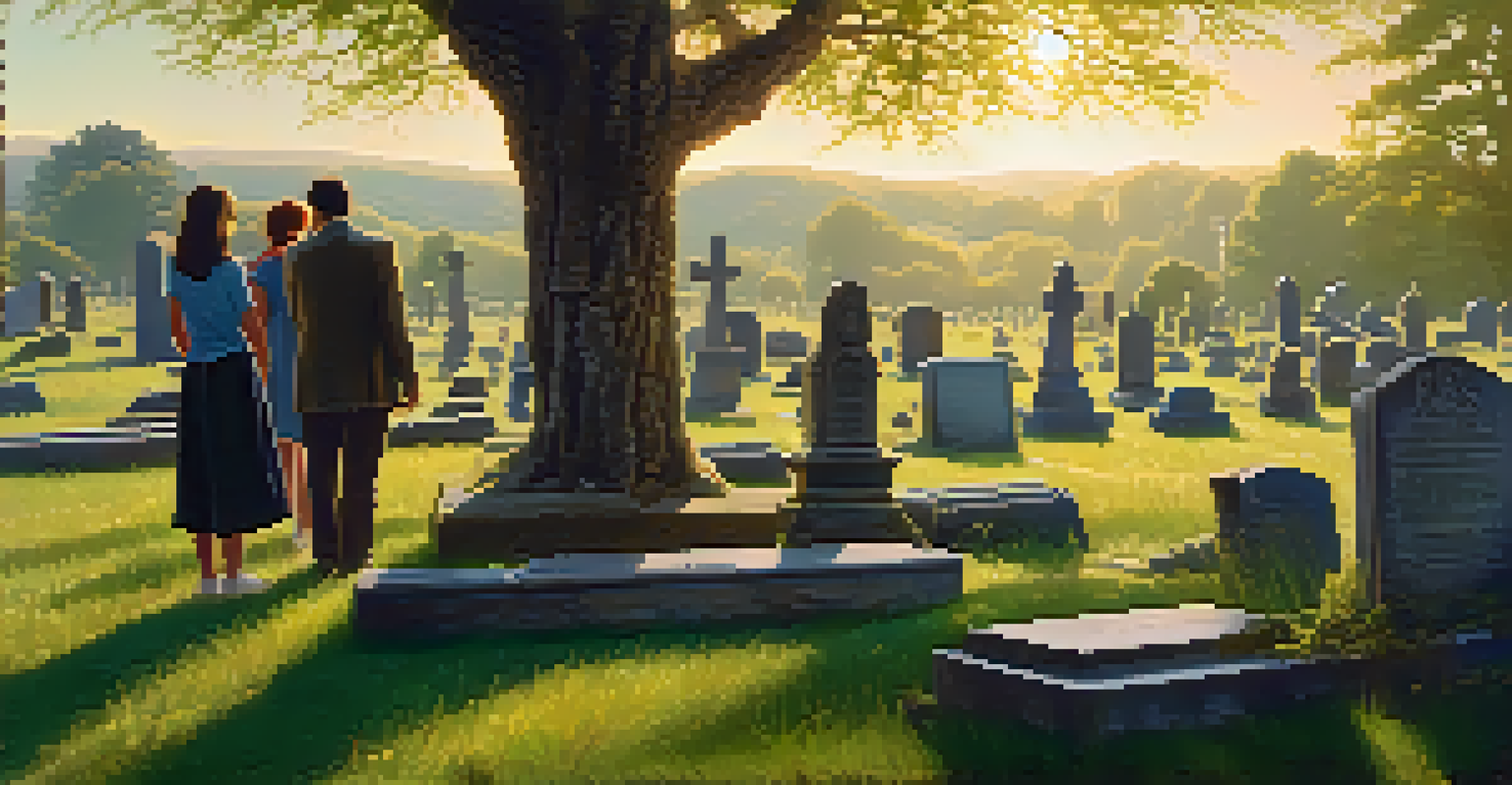 A family visiting a historical cemetery, examining gravestones with a warm sunset in the background.