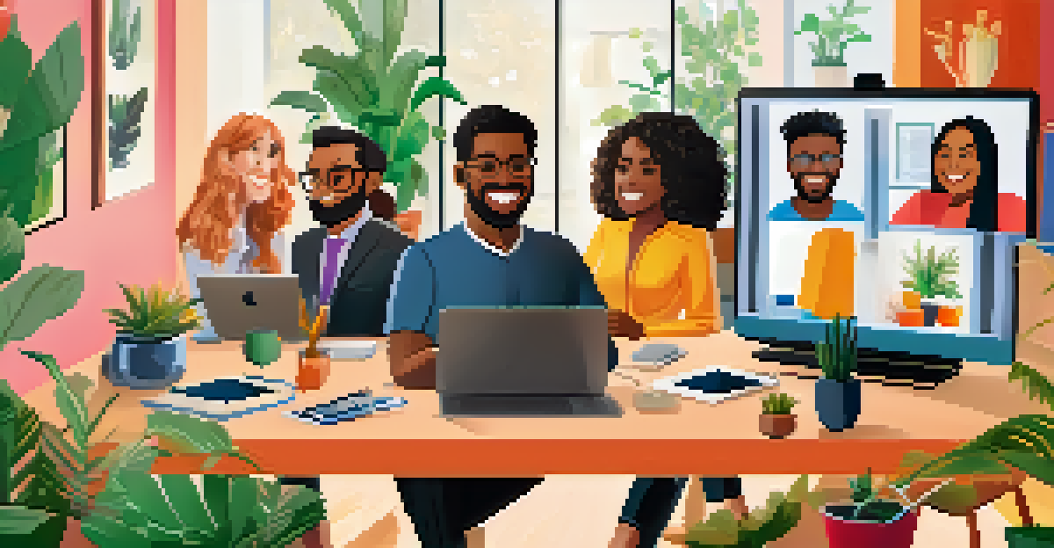 A virtual team meeting with diverse members smiling on a video call in different home office environments.