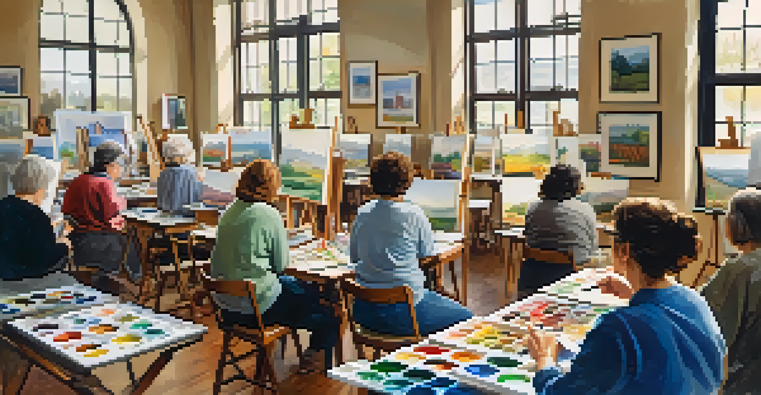 A watercolor painting class with students at easels, an instructor demonstrating techniques, and colorful paintings around the room.