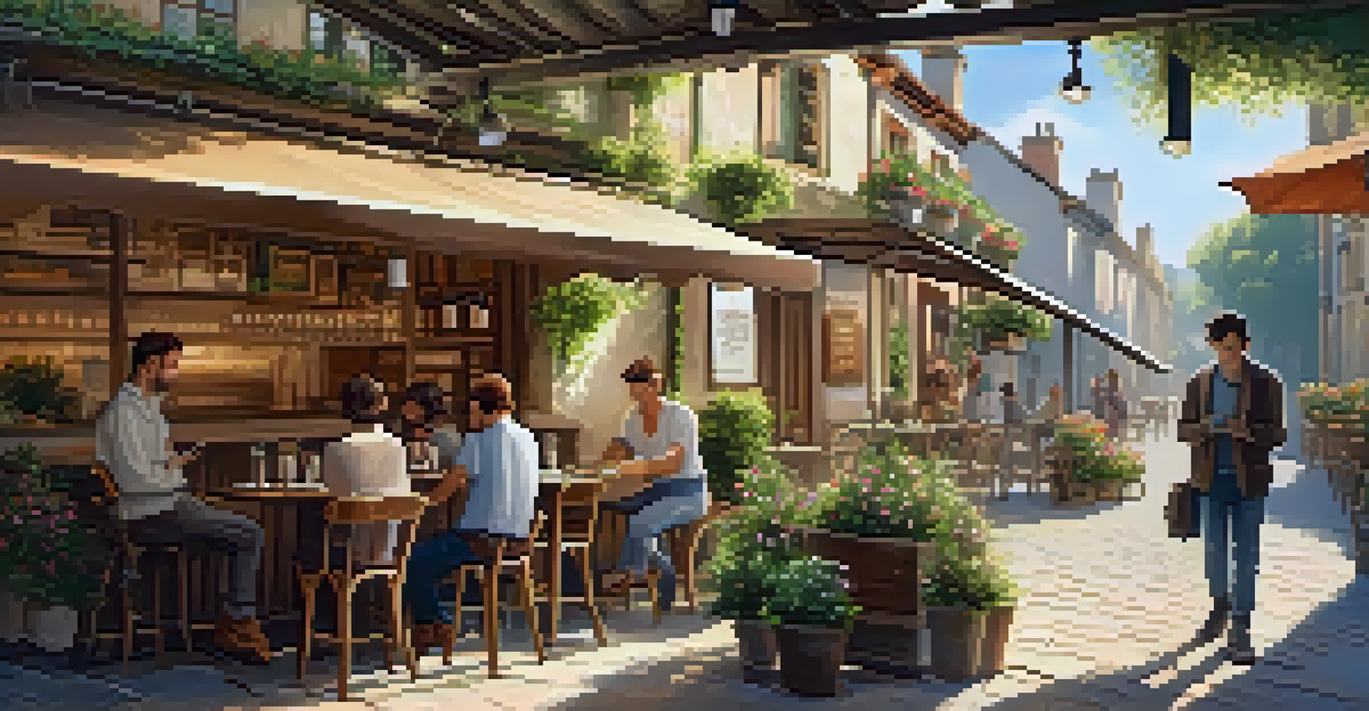 A cozy café with a traveler using a translation app while chatting with a local, surrounded by plants and warm sunlight.