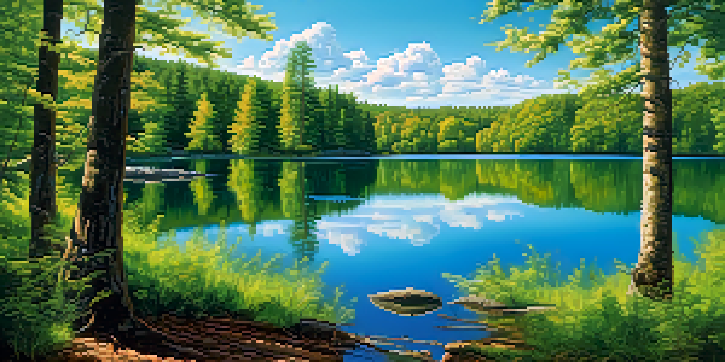 A peaceful lake scene with vibrant green trees reflecting in the water under a clear blue sky.