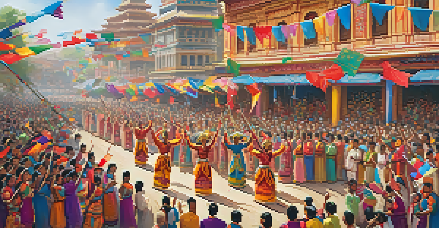 Aerial view of a colorful cultural festival with dancers and decorations.