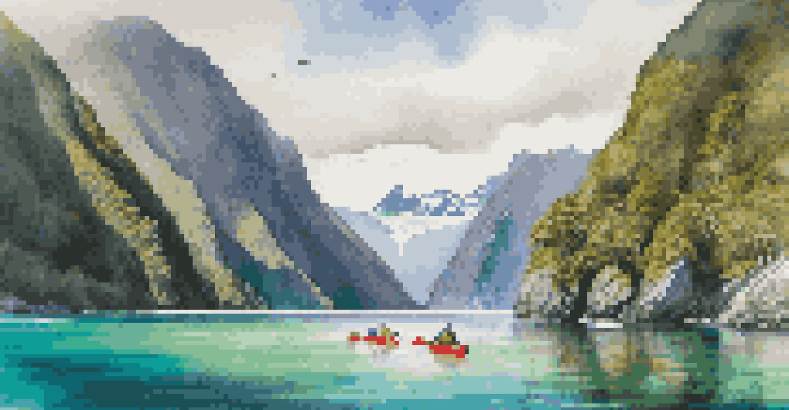 A stunning landscape of Fiordland National Park in New Zealand, with cliffs, turquoise waters, and eco-tourists kayaking.