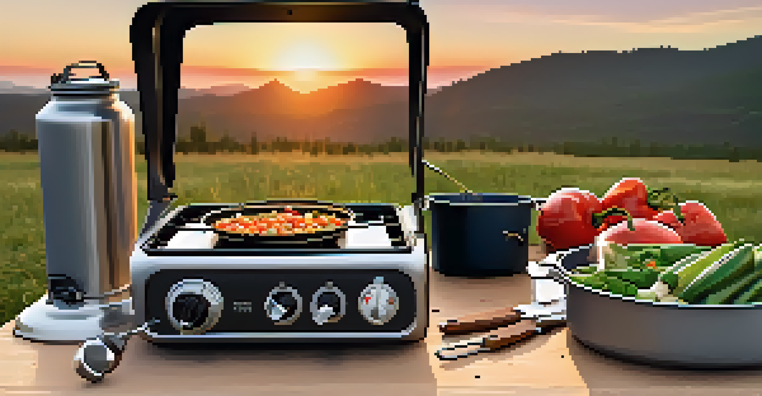 A portable cooking setup with a camp stove and fresh ingredients in front of a van during sunset.