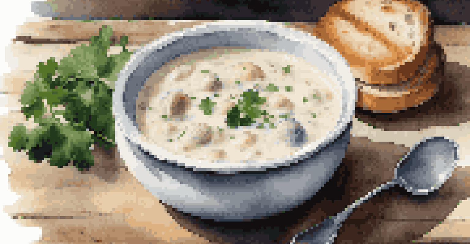 A close-up view of a bowl of clam chowder garnished with parsley, alongside a piece of sourdough bread on a wooden table.