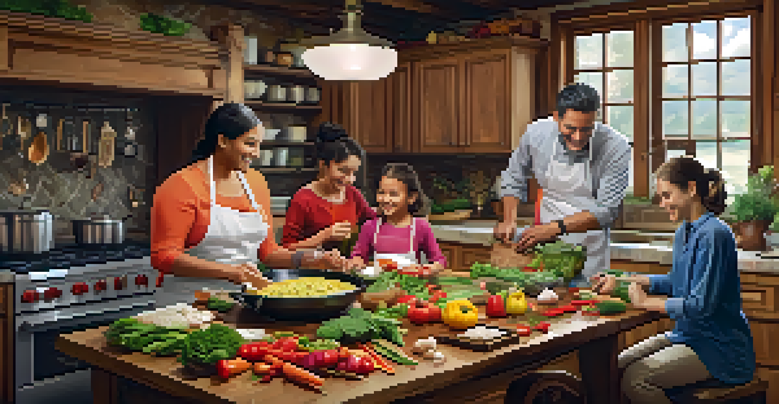 A family cooks together in a rustic kitchen, joyfully preparing a local dish with fresh ingredients.