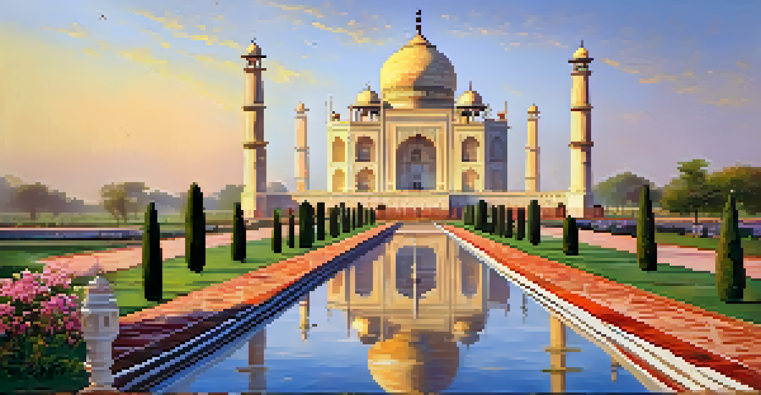 The Taj Mahal illuminated by the soft light of sunrise, surrounded by beautiful gardens and visitors enjoying the view.