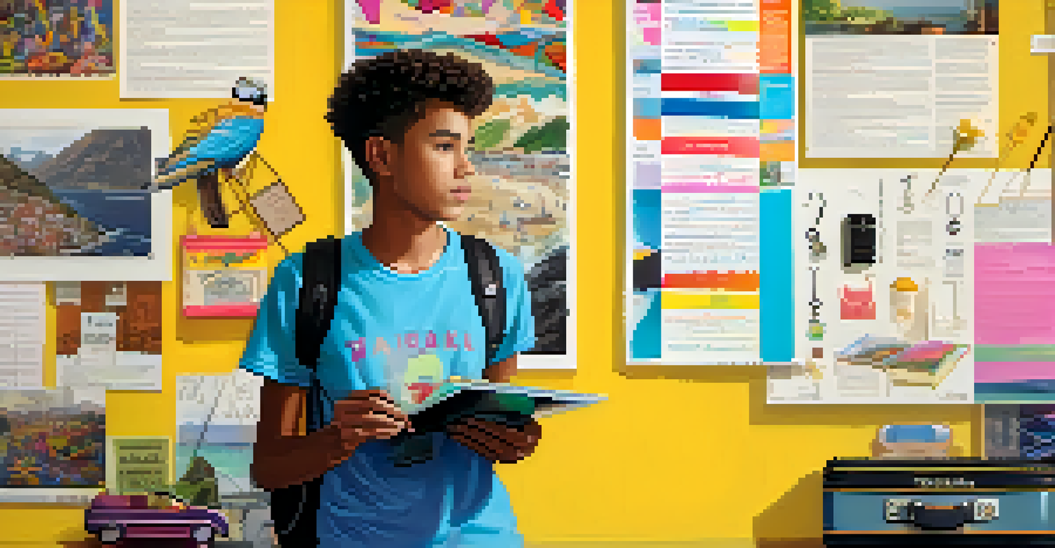 A teenager in a bright room next to a colorful travel checklist, highlighting their packing process.